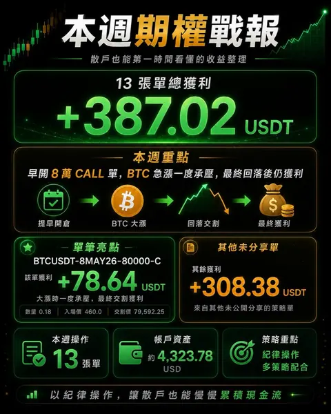期權戰報畫面顯示 13 張單總獲利正 387.02 USDT，並列出一筆合約代碼含 8MAY26 的 Covered Call 交割紀錄。